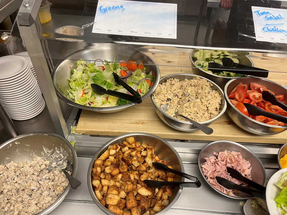 Salad bar under plexiglass sneeze guard featuring bowled salad greens, chopped tomatoes, sliced cucumbers, shredded lunch meats, chicken and tuna salads and homemade croutons