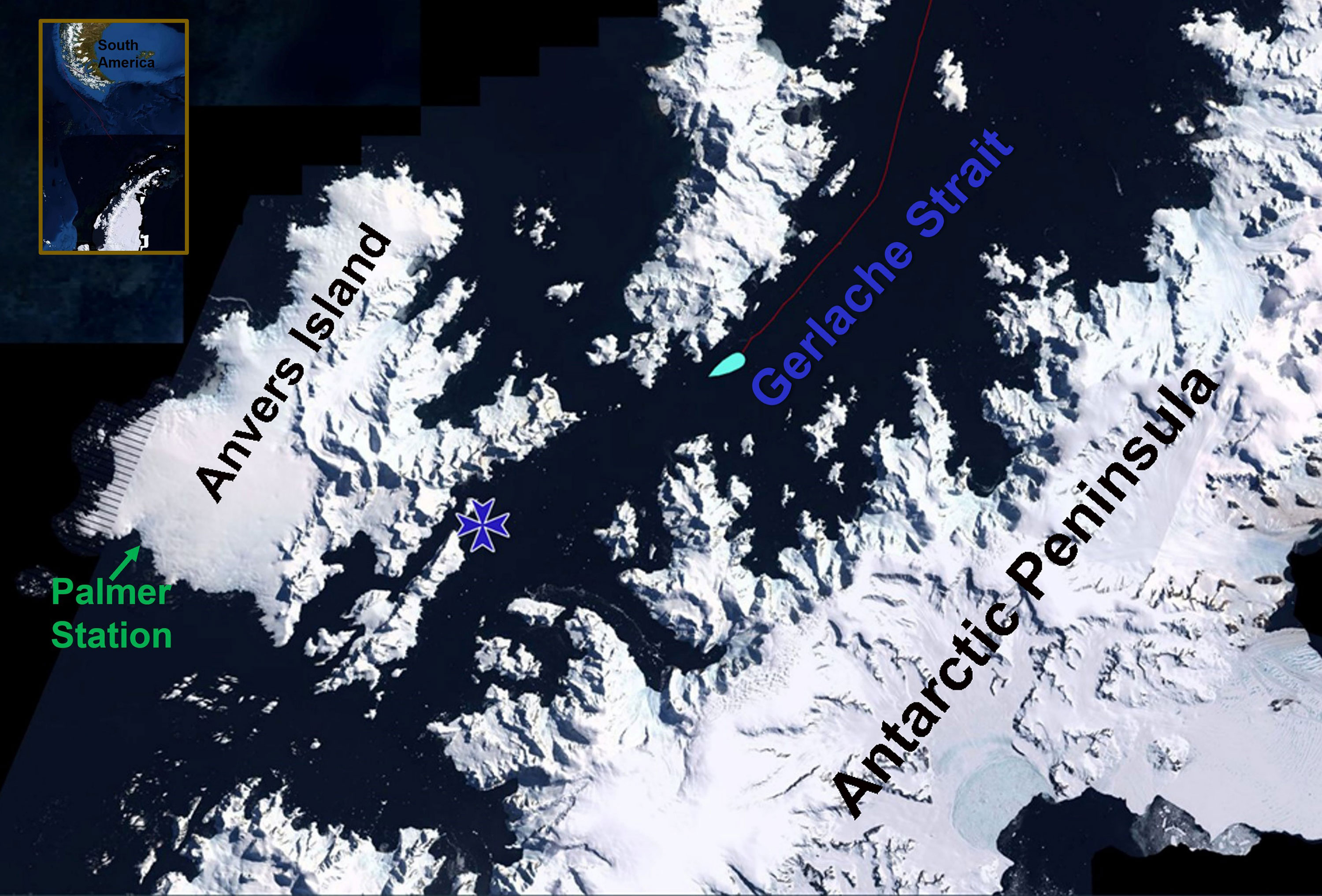 Map showing Palmer Station in relation to Anvers Island, the Gerlache Straight, and the Antarctic Peninsula. 