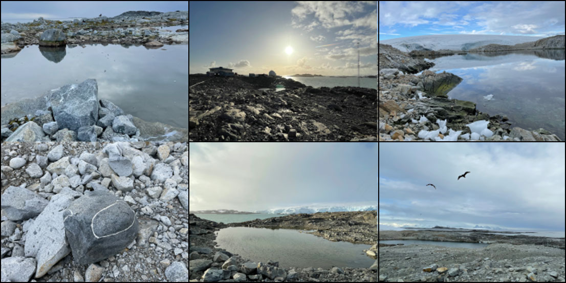 Multiple views of rocks, boulders, scattered small snow banks and melt water ponds.