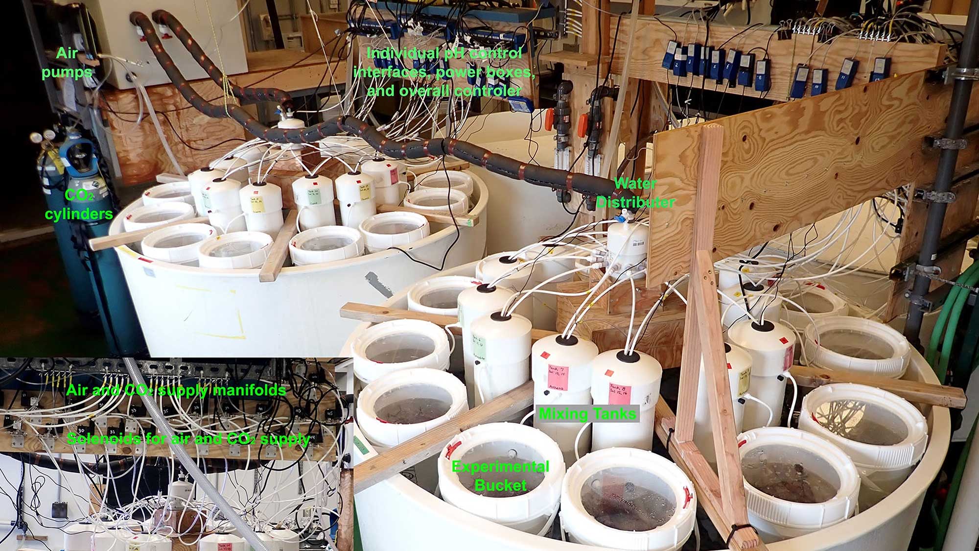 Lab described in the text below. Labels include air pumps, CO2 cylinders, mixing tanks, water distributer, experimental bucket, supply manifolds, solenoids. 