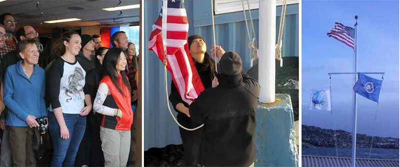 Images of the flag raising at the station 50th anniversary ceremony