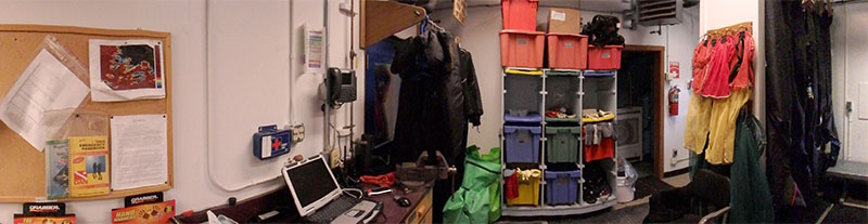 Panoramic photo of much of the Palmer Station dive locker.