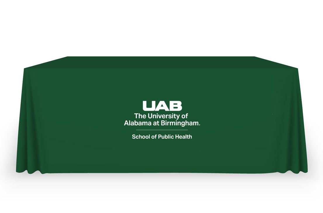 Graphic showing university logo usage on a tablecloth