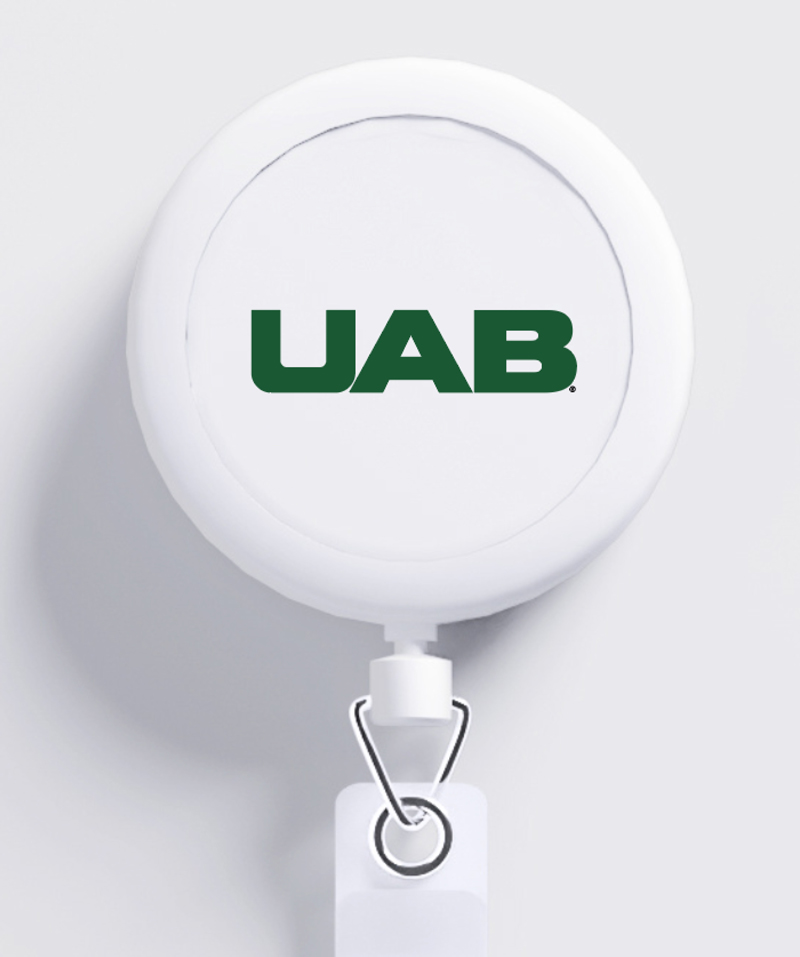 Graphic showing monogram usage on a badge clip