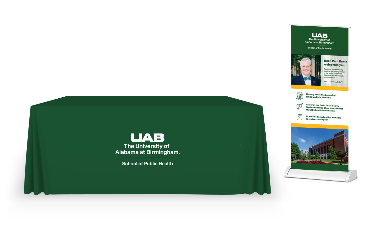 Graphic showing tablecloth and retractable banner setup