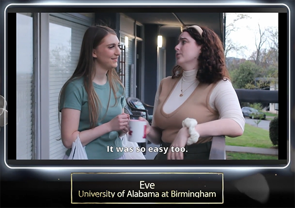 video still shot of two girls talking