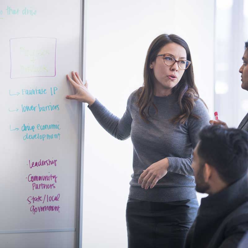 Woman with long brown hair and glasses teaching at a whiteboard. 