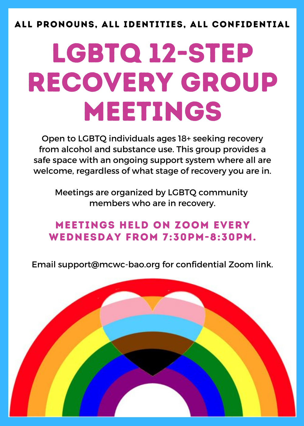 LGBTQ Recovery Group Meeting Flyer. All information is included in page text.