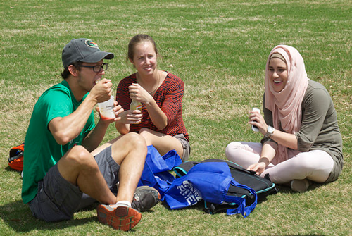 Students having lunch on the UAB green. 