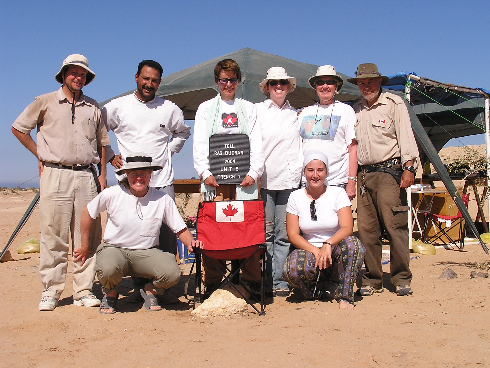 Ras Budran (South Sinai, Egypt) 2004 project members: G. Mumford, M. Rezk, D. Donnelly, Z. McQuinn, R. Hummel, and P. Carstens (left-right, back row), and S. Parcak and S. Christodoulou (left-right, front row) (Photo: Staff). 