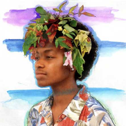 Artwork from the guide featuring a young African American male wearing a crown of flowers and leaves, with purple and blue watercolor stripes behind him. 