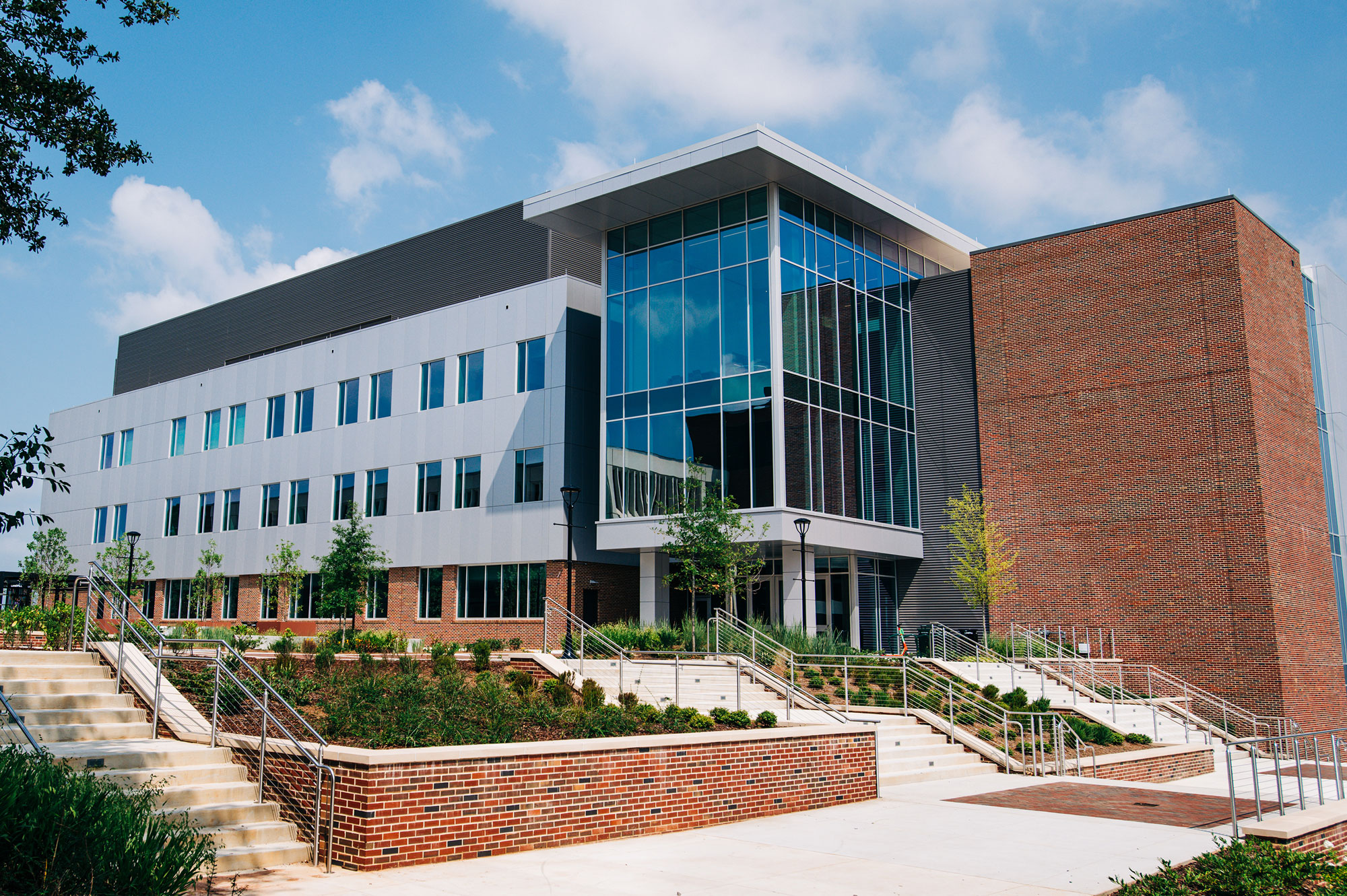 Exterior of Sterne Plaza and the South Science Hall of the new Science and Engineering Complex.