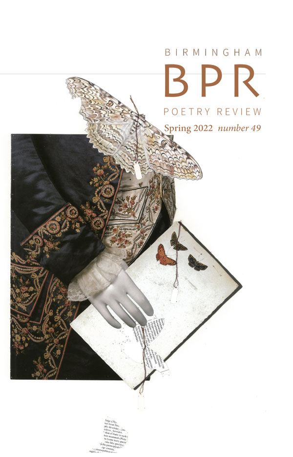 Cover of BPR 49, a illustration including a moth and the torso of a male aristocrat holding a book with illustrations of moths. A moth made out of text is flying away. 
