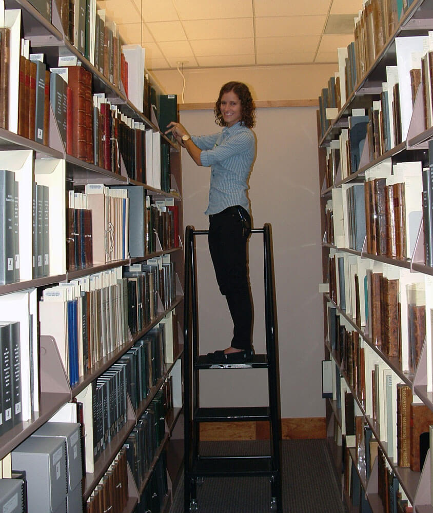 Anna during her internship, standing on a ladder between library shelves.