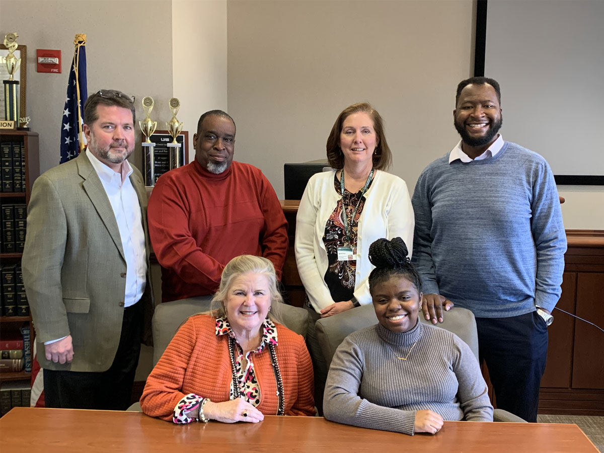 UAB’s Pre-Law Program partnered with Redemption Earned, Inc. for the new Justice Equity Diversity and Inclusion (JEDI) Pre-Law Student Initiative. Clockwise from top left: Brandon Blankenship, Paul Littlejohn, Martha Earwood, Darrius Culpepper, Shae Thomas, Sue Bell Cobb.