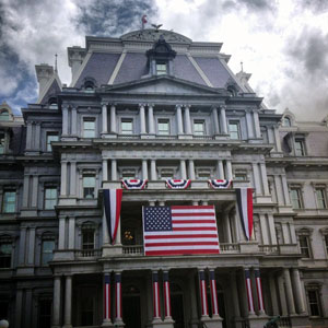 The Eisenhower Executive Office Building during Independence Day celebrations. This building is where the office of the Vice President is located.
