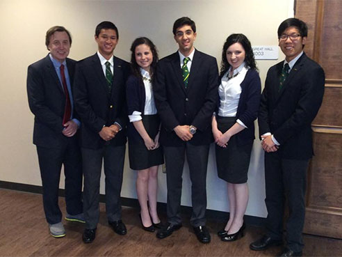 Professor and coach Gregory Pence, Kevin Shrestha, Melanie Nichols, Ameen Barghi, Brynna Paulukaitis and Eric Kim.