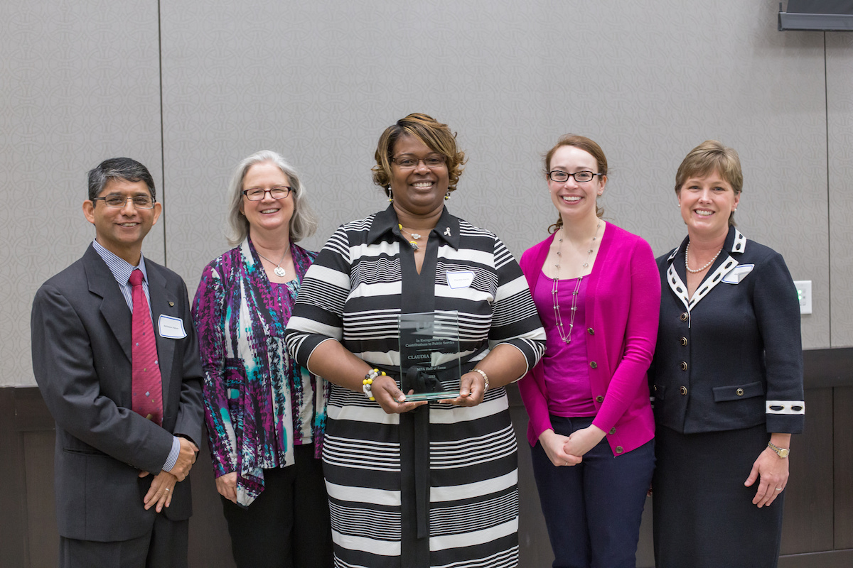 Claudia Hardy, center, was presented with the UAB MPA Program's 2015 Hall of Fame Award. The 2014 recipient, Melissa Kendrick was not present because she was out of the country.