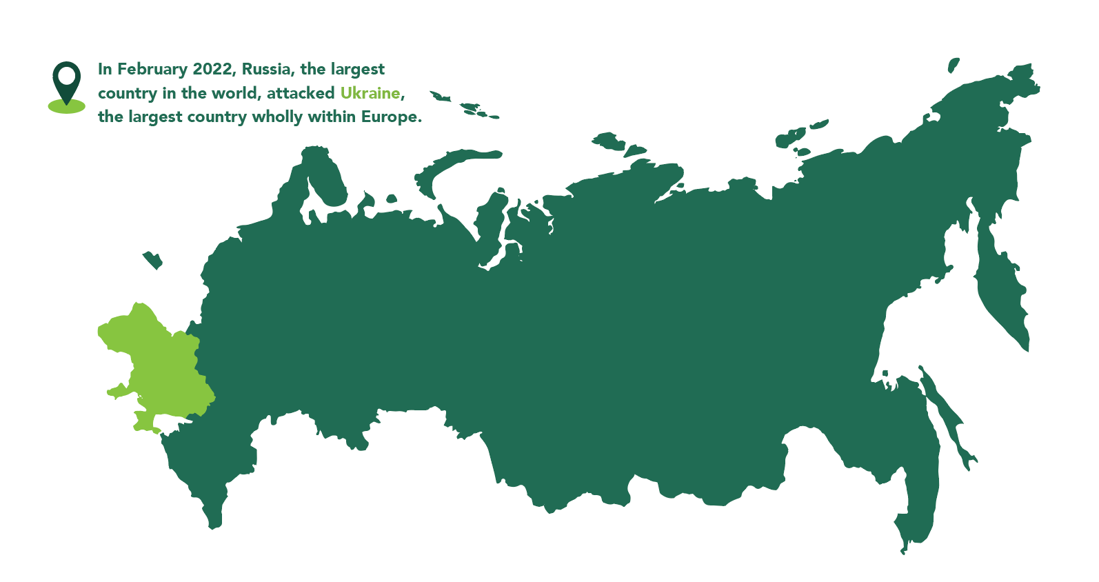 Simple map of Russia and Ukraine showing sizes of the countries. 