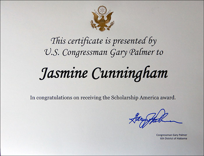 Certificate presented to Jasmine by U.S. Congressman Gary Palmer congratulating her on the scholarship. 