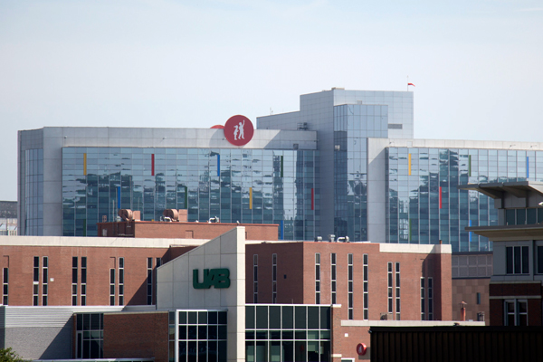 A view of Children's Hospital with UAB buildings in the foreground. 