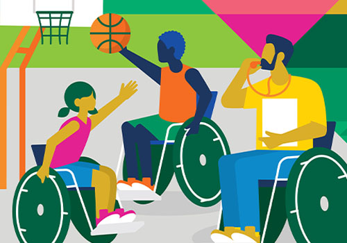 reating health equity for people with disabilities. Colorful illustrated banner shows people with variety of disabilities playing basketball, having picnics, doing yoga, walking dogs, etc.