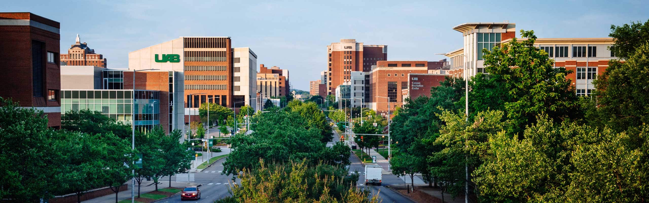 A view down University Boulevard showing several UAB-related buildings. 