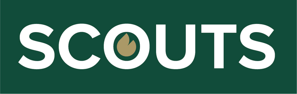 SCOUTS logo - the word in all caps in a white font on a green background, a gold Blazer flame inside the O.