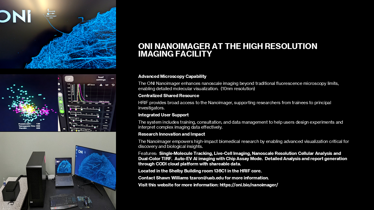 ONI Nanoimager super-resolution instrument with information about single-molecule localization, advanced microscopy capabilities, and availability at the High-Resolution Imaging Facility