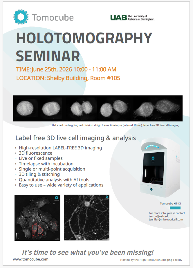 Holotomography Microscopy Seminar flyer with details for June 25, 2026, 10:00–11:00 AM at Shelby Building Room 105
