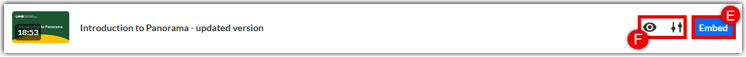 Screenshot of a media entry in the Kaltura library displaying the "Embed" button next to a video item, alongside a gear icon for preview and settings options.
