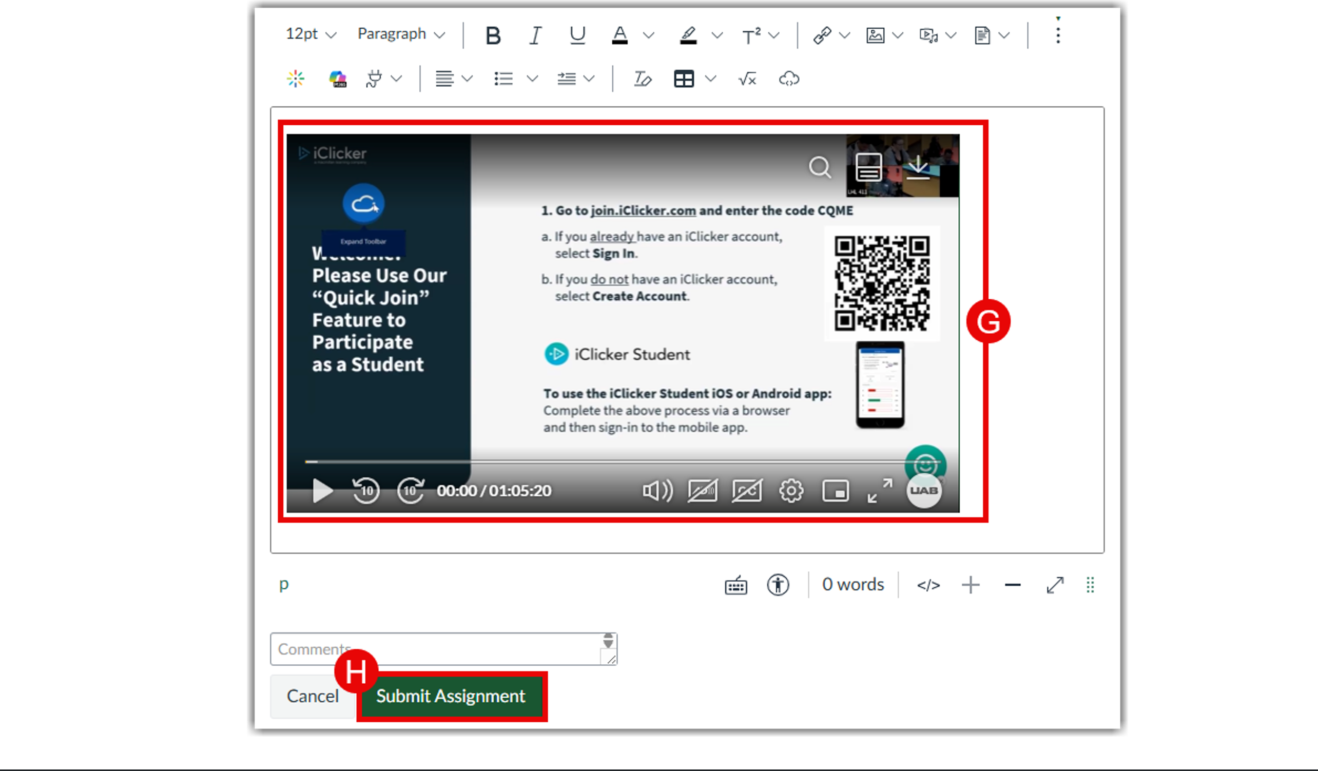 Screenshot of the Canvas text entry submission box showing a successfully embedded video player and the red "Submit Assignment" button below it.