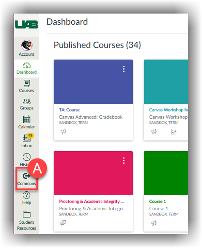 Screenshot of the location of the Canvas Commons icon in the left toolbar.