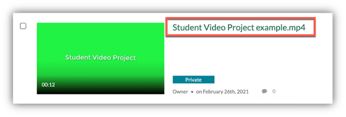 Media entry titled "Student Video Project example.mp4" in Kaltura My Media with a red outline highlighting the title link.