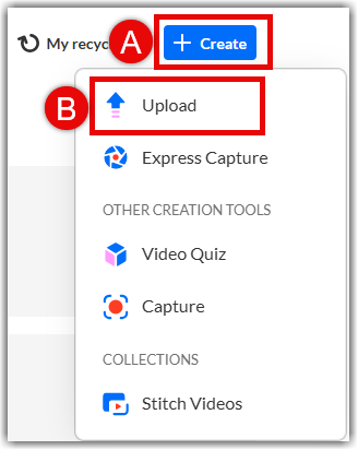+ Create menu with Upload highlighted
