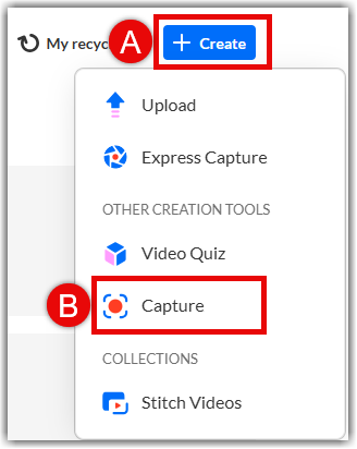 + Create menu with Capture option highlighted