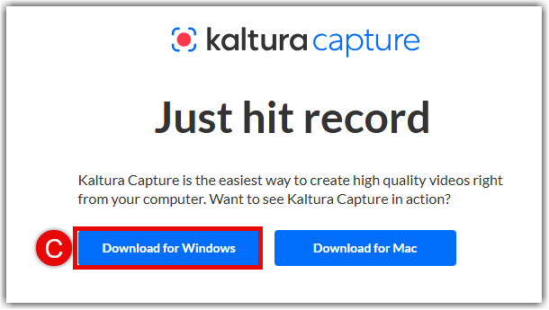 Kaltura Capture download prompt with Download for Windows button highlighted