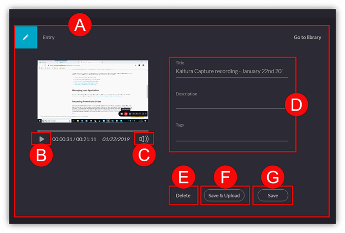 Kaltura Capture entry screen with video preview, Play button, Sound button, Title, Description, Tags, Delete, Save and Upload, and Save buttons