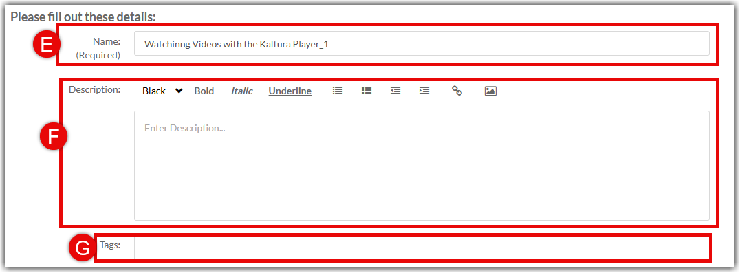Media upload form with Name and Description fields highlighted