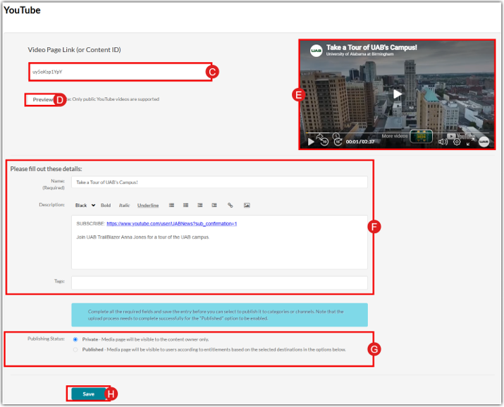 YouTube media details form with Name, Description, Tags, and Publishing Status highlighted