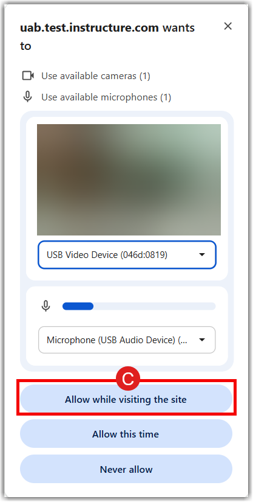 Browser camera and microphone permission prompt with Allow button highlighted