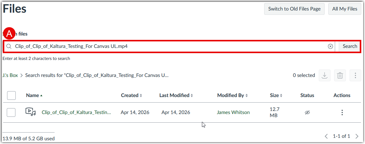 Files in Canvas showing search by filename