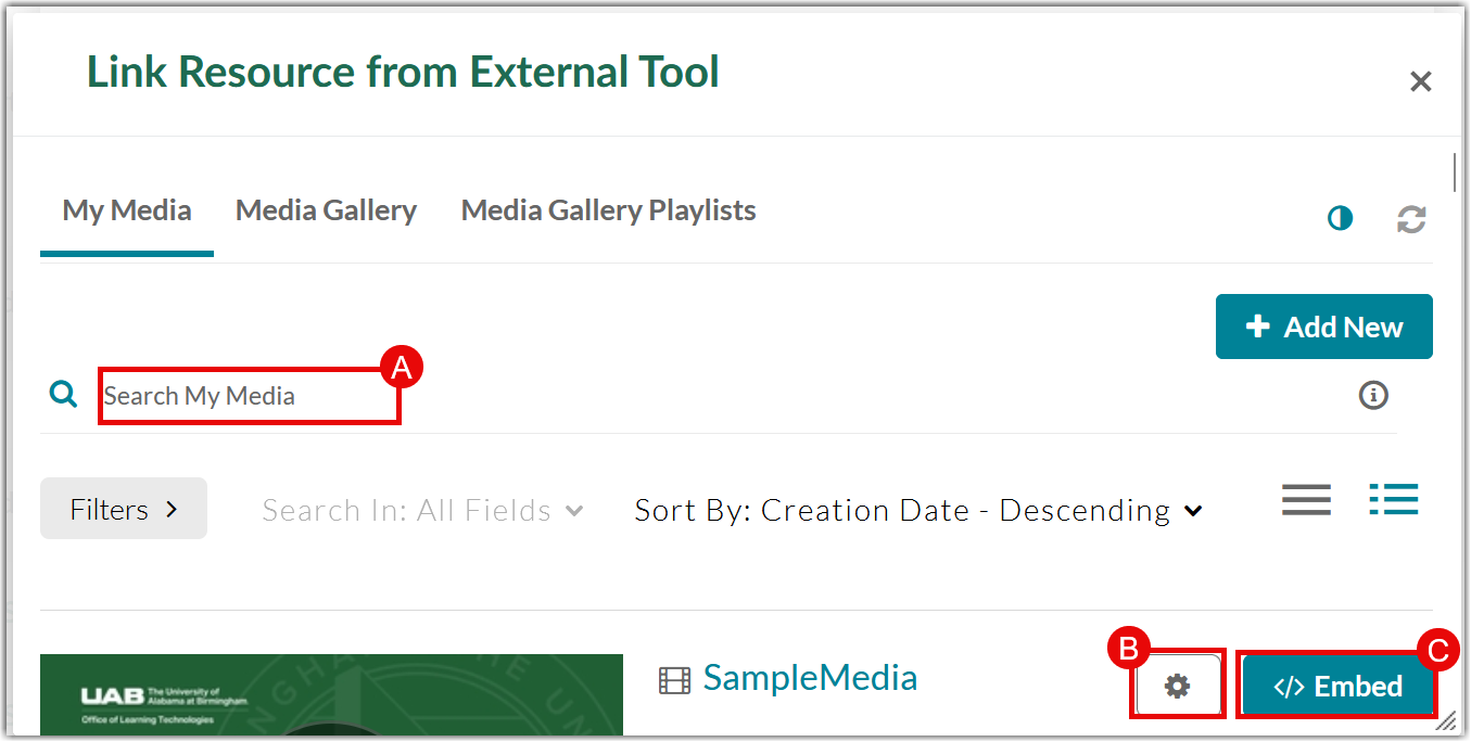 Linking Resource from Kaltura Canvas dialog