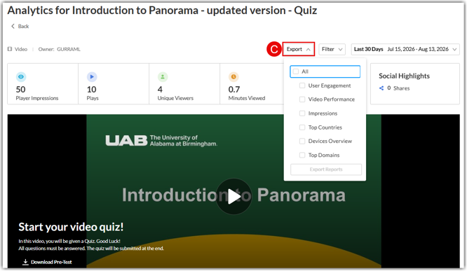 the Kaltura Analytics dashboard header, highlighting the "Export" button (C) and its dropdown menu options.