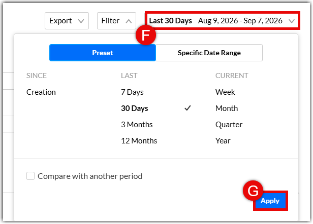 Kaltura Analytics dashboard header highlighting the time range dropdown menu labeled 'Last 30 Days' with red letter F callout, displaying options such as 7 Days, 30 Days, 3 Months, 12 Months, and a red letter G callout over the 'Apply' button.