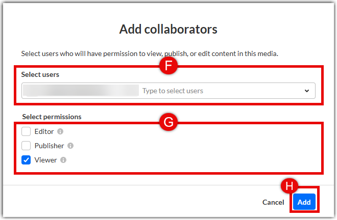 "Add collaborators" modal window displaying red box "F" around the user search input field, red box "G" around the permissions checkboxes (Editor, Publisher, Viewer), and red callout circle "H" highlighting the "Add" button in the bottom-right corner.