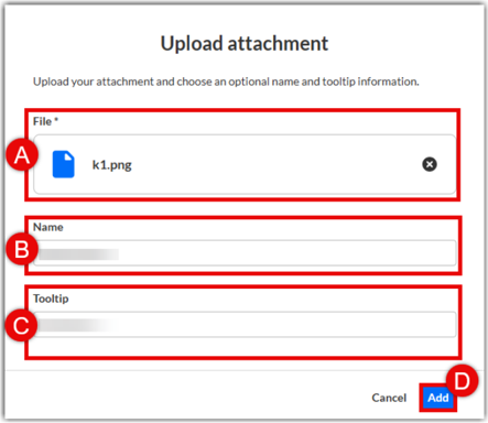 A detailed view of the attachment dialog window showing file selection, name, tooltip fields, and the Add button.