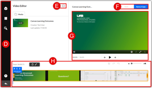 : The complete Video Editor Window Layout pointing out the left navigation bar, media details pane, save options, media player, and timeline.