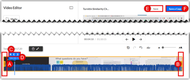 A screenshot of the Trim Media interface showing the yellow handlebars, precision markers (Set In/Out), and save buttons.