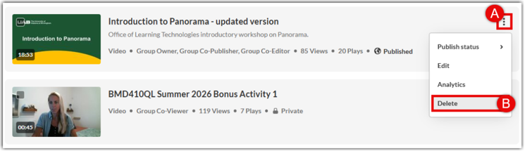 A screenshot of the Delete Media option accessed via the three dots menu on the My Media page.